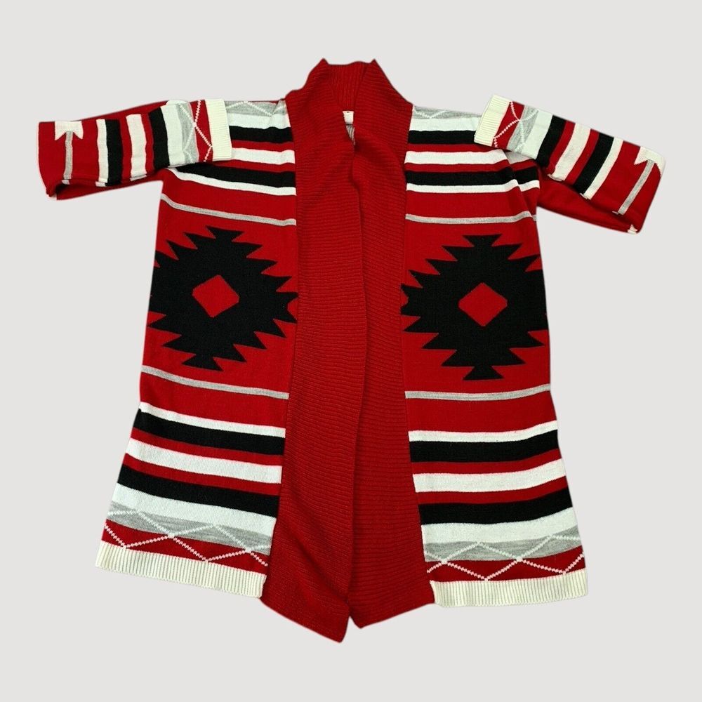 Nouveaux Cardigan Women L Red Black Navajo Southwest Draped Waterfall Open Front